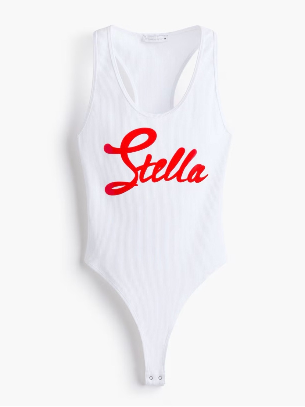 Stella McCartney White Ribbed Logo Tank Bodysuit with Red Script